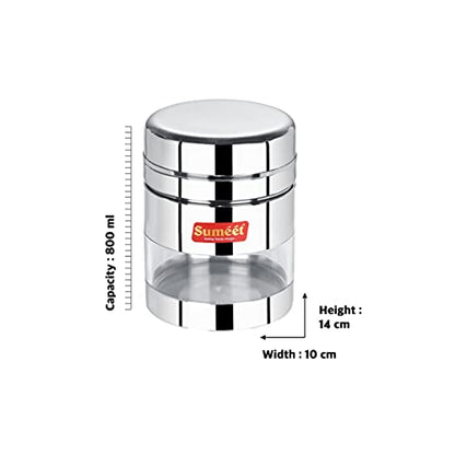 Sumeet Stainless Steel Circular See Through / Transparent Container, Set of 2Pc, 800 Ml each, 10cm Dia, Silver