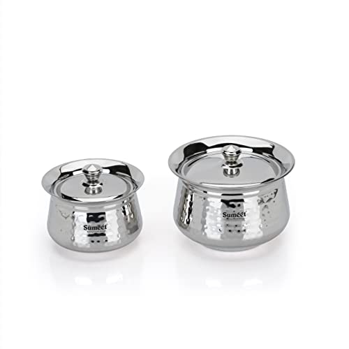 Sumeet Stainless Steel Handcrafted Hammered Texture Handi Set with Lid for Kitchen, Set of 2, 650ml & 1300ml, Silver