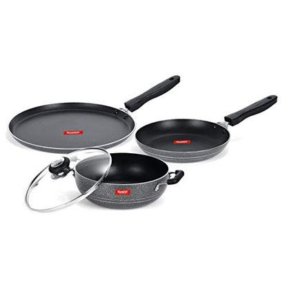 Sumeet NonStick Grey Cookware Set (Dosa Tawa - 26.5Cm Dia + Kadhai with Glass Lid -2Ltr - 22Cm Dia + Tapper pan - 0.6Ltr - 20Cm Dia)