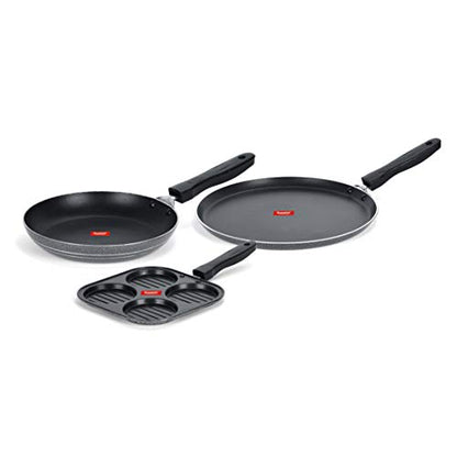 Sumeet NonStick Grys Cookware Set (Dosa Tawa - 26.5Cm Dia + Mini Multi Snack Maker - 4 Cavity -19.5cm + Tapper pan - 0.6Ltr - 20Cm Dia)