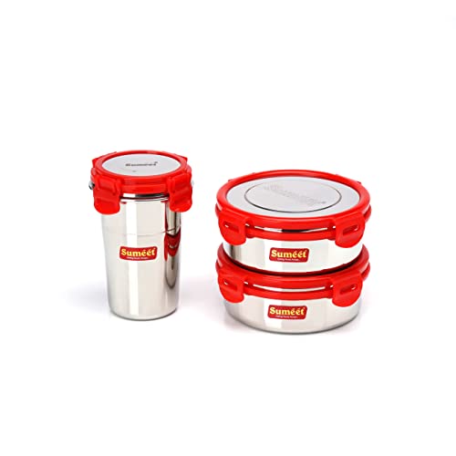 Sumeet Red Meal Statinless Steel Lunch Box Combo 2 Container (500Ml), 1 Tumbler(400Ml)