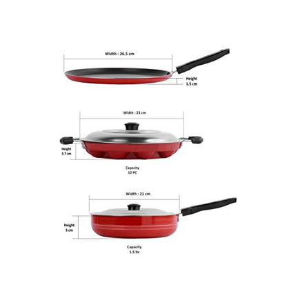 Sumeet 2.6mm Thick Non-Stick Rufina Combo Set (Dosa Tawa – 26.5cm Dia + Grill Appam Patra with Lid – 23cm Dia + Fry pan – 1.5Ltr Capacity – 21cm Dia)