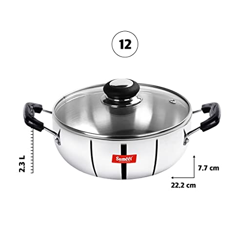 Sumeet 3mm Induction Bottom Aluminium Kadai with Glass Lid ( Silver, 2.3Ltr, 22.2cm).