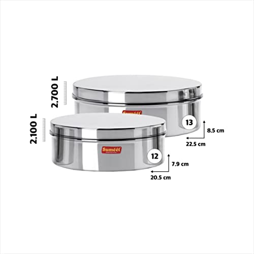 Sumeet Stainless Steel Flat Canisters/Puri Dabba/Storage Containers Set of 2Pcs (2.1Ltr,2.7Ltr)