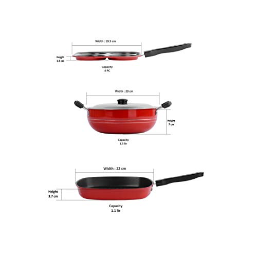 Sumeet 2.6mm Thick Non-Stick Rowan Combo Set (Mini Multi Snack Maker – 19.5cm Dia + Kadhai with Lid – 1.5Ltr Capacity- 20cm Dia + Grill Pan – 1.1Ltr Capacity – 22cm Dia)