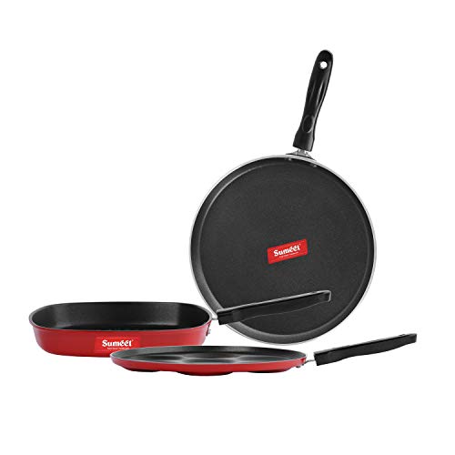 Sumeet 2.6mm Thick Non-Stick Burgundy Combo Set (Dosa Tawa – 26.5cm Dia + Multi Snack Maker – 26.5cm Dia + Grill Pan – 1.1Ltr Capacity – 22cm Dia)