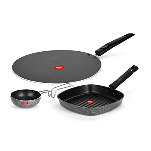 Sumeet NonStick Siva Cookware Set (Flat Tawa - 30.5cm Dia + Grill Pan-22cm Dia + Waghariya/Tadka pan - 190Ml - 10Cm Dia)