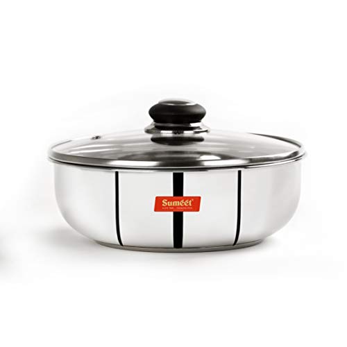 Sumeet Stainless Steel Encapsulated Bottom Induction and Gas Stove Friendly Tasra with Glass Lid - (2Ltr - 22cm), Silver