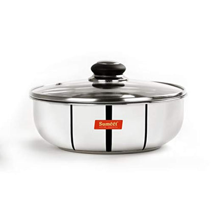 Sumeet Stainless Steel Encapsulated Bottom Induction and Gas Stove Friendly Tasra with Glass Lid - (2.5Ltr - 23.5cm), Silver