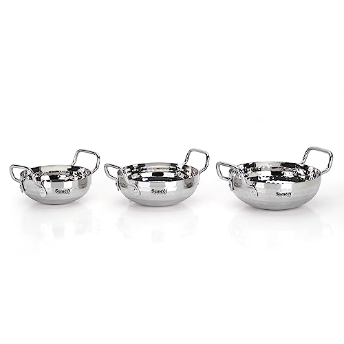 Sumeet Stainless Steel Handcrafted Hammered Mathar Kadai for Kitchen, 650ML, 1000ML & 1350ML, 14cm, 16cm & 18cm Dia, Pack of 3, Silver