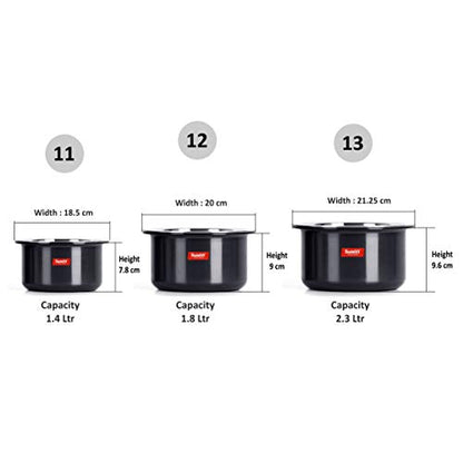 Sumeet 3mm Thick Hard Anodised Tope Set of 3 Pc with S.S. Lid Size No.11 (1.4 Ltr), No. 12 (1.8 Ltr), No. 13 (2.3 Ltr),
