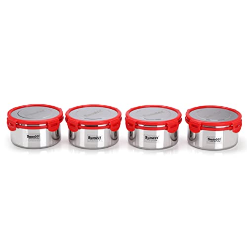 Sumeet Airtight & Leak Proof Steelexo S.S. Container/Lunch Box with Stainless Steel Lid Set Pack of 4Pc (900ML, 14.5CM) - Silver