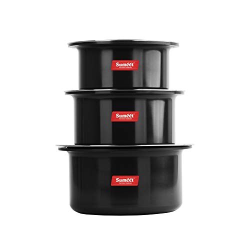 Sumeet Aluminium Cookware Set With Lid, 0.9 LTR, 1.4 LTR, 1.8 LTR, 5 Piece (Black)