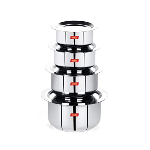 Sumeet Stainless Steel Friendly Tope/patila/cookware With Lids, 370ML, 550ML, 800ML, 1100ML, 4 Piece (Steel)