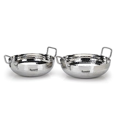 Sumeet Stainless Steel Handcrafted Hammered Mathar Kadai for Kitchen, Big Size, 3550ML & 4200ML, 26cm & 28cm Dia, Pack of 2, Silver