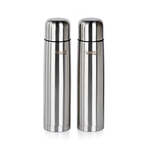 Sumeet Stainless Steel Double Walled Flask / Water Bottle, with Flip Lid, 24 Hours Hot and Cold, 1000 ml, Silver - Set of 2 Pcs