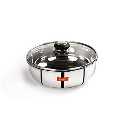 Sumeet Stainless Steel Encapsulated Bottom Induction and Gas Stove Friendly Tasra with Glass Lid - (1.5Ltr - 20cm), Silver