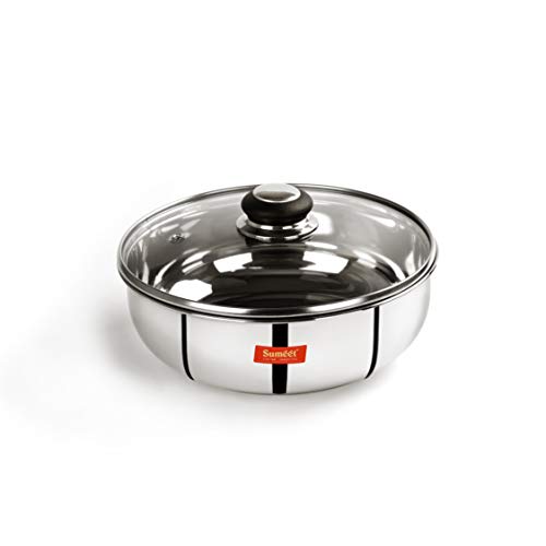 Sumeet Stainless Steel Encapsulated Bottom Induction and Gas Stove Friendly Tasra with Glass Lid - (3Ltr - 25cm), Silver