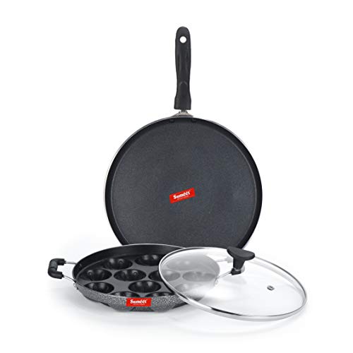 Sumeet NonStick Argent Cookware Set (Dosa Tawa - 26.5Cm Dia + Grill Appam Patra with Glass Lid - 12 Cavity - 22cm Dia)