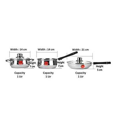 Sumeet Stainless Steel Induction and Gas Stove Compatible Cookware Set with Encapsulated Bottom - Combo of 3 with Multi Lid Concept (Fry Pan with Glass Lid 1 LTR- Saucepan 1 LTR - Casserole - 1 LTR)