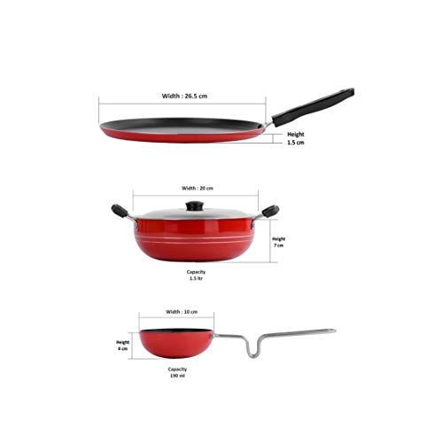 Sumeet 2.6mm Thick Non-Stick Harkin Combo Set (Dosa Tawa – 26.5cm Dia + Kadhai with Lid – 1.5Ltr Capacity- 20cm Dia + Tadka Pan – 10cm Dia)