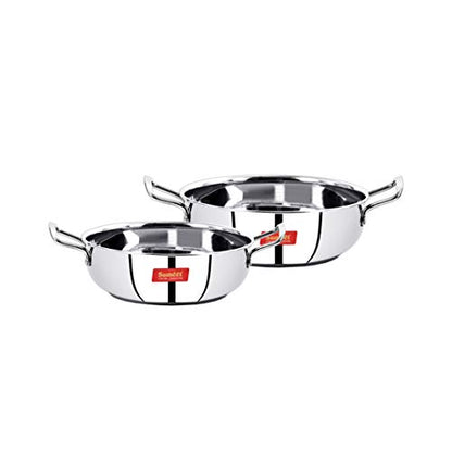 Sumeet Stainless Steel Induction Bottom (Encapsulated Bottom) Induction & Gas Stove Friendly Kadhai Set of 2