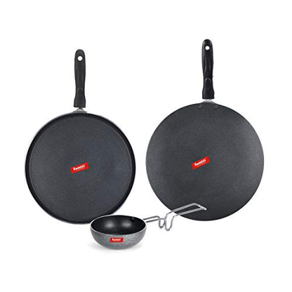 Sumeet NonStick Hiriwa Cookware Set (Dosa Tawa - 26.5Cm Dia + Conceve/Roti Tawa - 28Cm Dia + Waghariya/Tadka pan - 190Ml - 10Cm Dia)