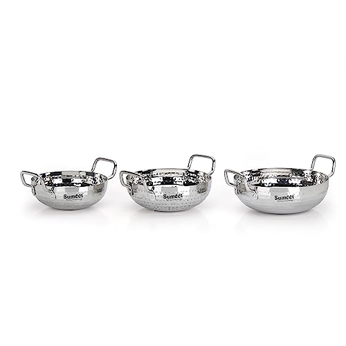 Sumeet Stainless Steel Handcrafted Hammered Mathar Kadai for Kitchen, 1000ML, 1350ML & 1700ML, 16cm, 18cm & 20cm Dia, Pack of 3, Silver