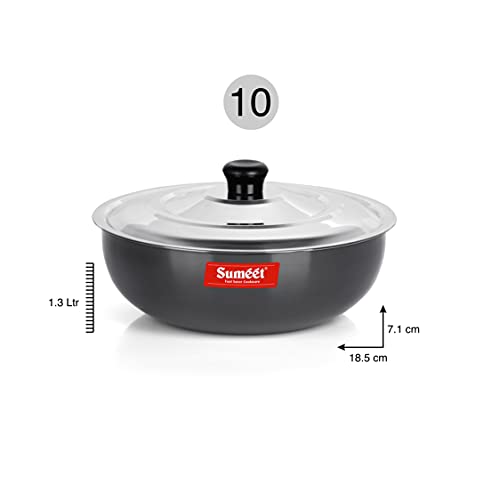 Sumeet 3mm Hard Anodized Deep Tasla with Stainless Steel Lid Size No. - 10 (18.5cm Dia. 1.3L Capacity)