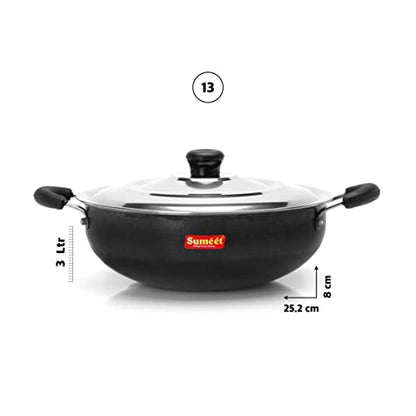 Sumeet Pre Seasoned Iron Kadai 2.5mm Thick with Stainless Steel Lid (Double Side Handle) 25.2 cm, 3Ltr