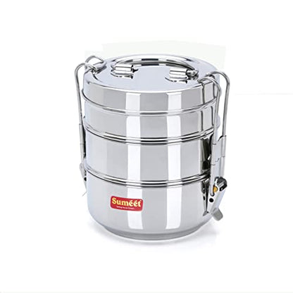 Sumeet Stainless Steel Small Size 3 Compartment Lunch Box/Tiffin with Lid and Handle, 10Cm Dia, (1000ML, Silver)