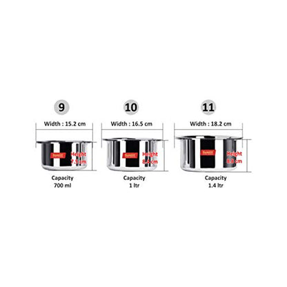 Sumeet 3mm Thick Aluminium Tope Set of 3 Pc with S.S. Lid (No. 9 to 11) Capacity 700ml to 1.4 LTR