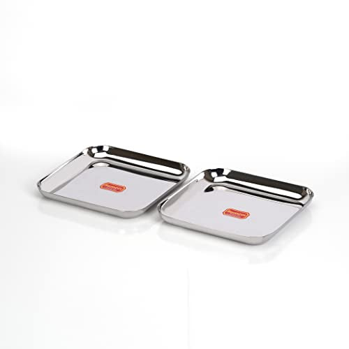 Sumeet Stainless Steel Medium Square Shape Plate/Snacks Plate/Breakfast Plate Set of 2pcs, 22.5cm Dia, Silver