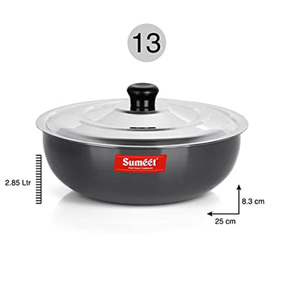 Sumeet 3mm Hard Anodized Deep Tasla with Stainless Steel Lid Size No. - 13 (25 cm Dia. 2.85L Capacity)