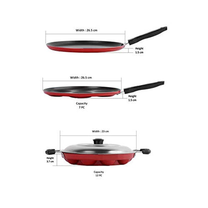 Sumeet 2.6mm Thick Non-Stick Auburn Combo Set (Dosa Tawa – 26.5cm Dia + Multi Snack Maker – 26.5cm Dia + Grill Appam Patra with Lid – 23cm Dia)