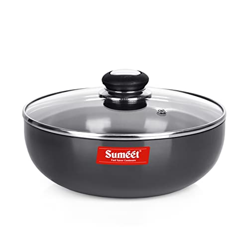 Sumeet 3mm Hard Anodized Deep Tasla with Glass Lid Size No. - 15 (28.5cm Dia. 4.5 LTR Capacity)