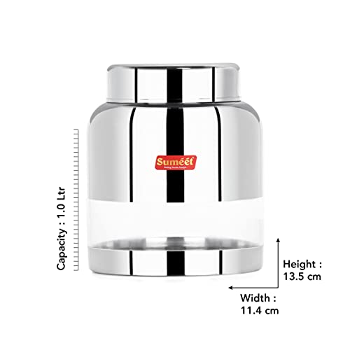 Sumeet Stainless Steel Circular See Through / Transparent Storage Container, 1Pc, 1 Ltr, 11.4 cm Dia, Silver