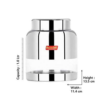 Sumeet Stainless Steel Circular See Through / Transparent Storage Container, 1Pc, 1 Ltr, 11.4 cm Dia, Silver