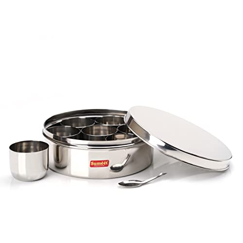 Sumeet Stainless Steel Flat Masala (Spice) Box/Organiser with Stainless steel Lid, 7 Containers and Small Spoon Size 13 (2.7Ltr) (22.5cm)