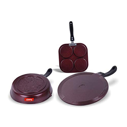 Sumeet Nonstick Granite Finish Enclave cookware Set (Round Grill Pan 25.5cm Dia + Mini Multi Snack Maker - 4 Cavity - 19.5cm Dia + Tawa 30.5cm Dia)