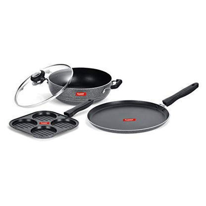 Sumeet NonStick Kelabu Cookware Set (Dosa Tawa - 26.5Cm Dia + Kadhai with Glass Lid -2Ltr - 22Cm Dia + Mini Multi Snack Maker - 4 Cavity -19.5cm)