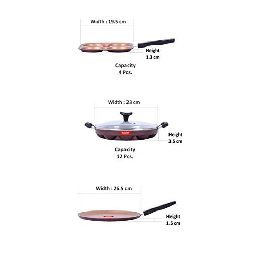 Sumeet Viva Aluminium Smart Cookware Set (mini Multi Snack Maker, Dosa Tawa, Grill Appam Patra With Glass Lid), 3 Piece (Peach)