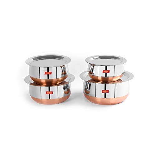 Sumeet Stainless Steel Copper Bottom Belly Shape 4 Pc Tope / Cookware/ Pot Set with Lid 380ML, 500ML, 780ML, 1.1Ltr, (Silver)