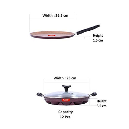 Sumeet Nonstick Granite Finish VITARO Combo Pack (Dosa Tawa - 26.5cm Dia + Grill Appam Patra with Glass Lid - 12 Cavity - 23cm Dia)