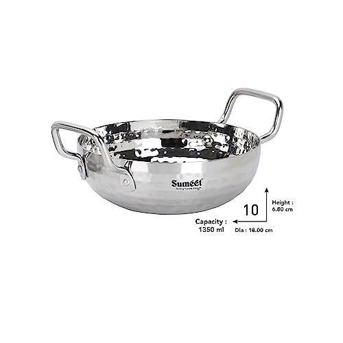 Sumeet Stainless Steel Handcrafted Hammered Mathar Kadai for Kitchen, Medium Size, 1350ML, 18cm Dia, Pack of 1, Silver