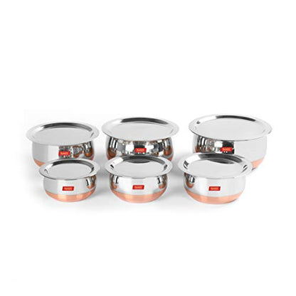 Sumeet Stainless Steel Copper Bottom Belly Shape 6 Pc Tope / Cookware/ Pot Set with Lid 380ML, 500ML, 780ML, 1.1Ltr, 1.4Ltr, 1.75Ltr (Silver)