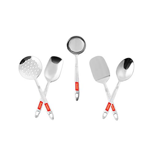 Sumeet Stainless Steel Small Serving and Cooking Spoon Set of 5pc (1 Turner, 1 Serving Spoon, 1 Skimmer, 1 Basting Spoon, 1 Ladle)