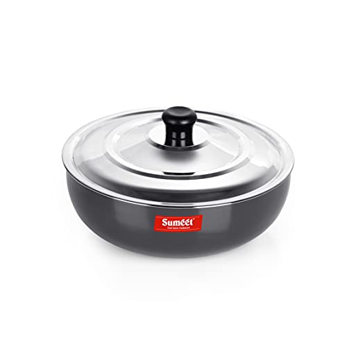 Sumeet 3mm Hard Anodized Deep Tasla with Stainless Steel Lid Size No. - 9 (16.5cm Dia. 750ML Capacity)