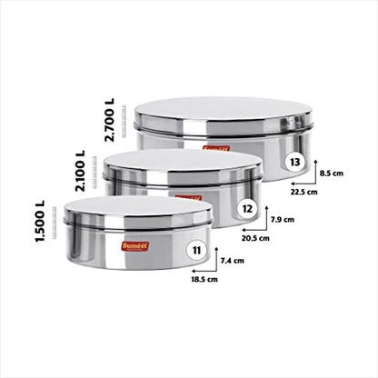 Sumeet Stainless Steel Flat Canisters/Puri Dabba/Storage Containers Set of 3Pcs (1.5Ltr,2.1Ltr,2.7Ltr)