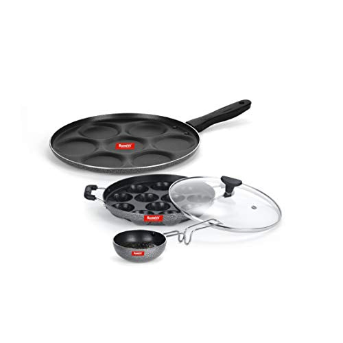 Sumeet NonStick Gray Cookware Set (Multi Snack Maker - 7 Cavity - 26.5Cm Dia + Grill Appam Patra with Glass Lid - 12 Cavity - 22cm Dia + Waghariya/Tadka pan - 190Ml - 10Cm Dia)